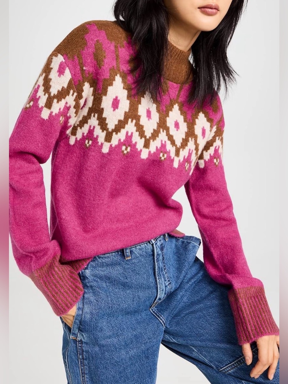 Monrow Women's Mock Neck Fair Isle Sweater in Dragon Fruit | Size Medium